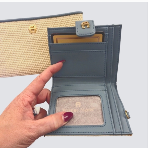 Vintage Etienne Aigner 3 pc Set Woven Straw Blue & Cream - Picture 15 of 16